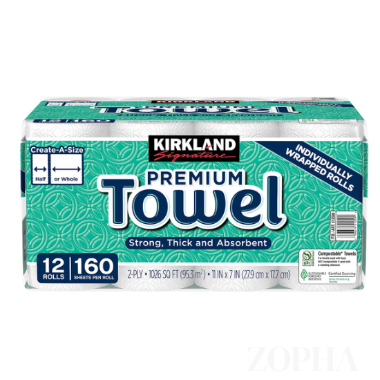 Kirkland Signature Paper Towel 2-Ply 160 Sheets 12 Individually Wrapped Rolls