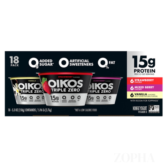 Oikos Triple Zero Greek Nonfat Yogurt Variety Pack 5.3 OZ - 18 CT