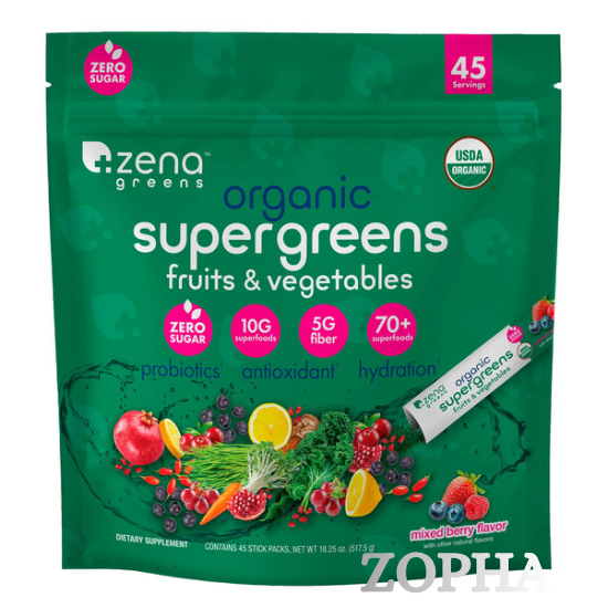 Zena USDA Organic Supergreens Fruits & Vegetables Powder - 45 Stick Packets