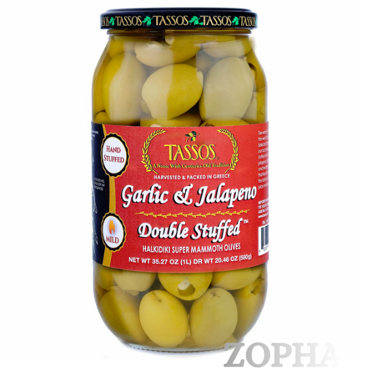 Tasso's Garlic & Jalapeno Double Stuffed Olives 35.27 OZ