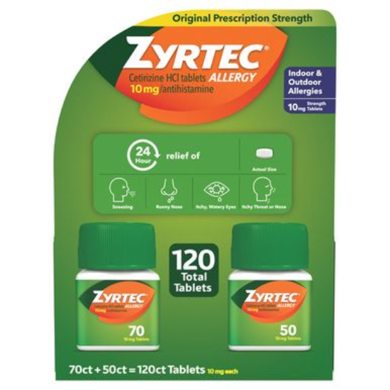 Zyrtec 24 Hour Allergy Relief Antihistamine Cetirizine HCl 10 mg 120 Tablets