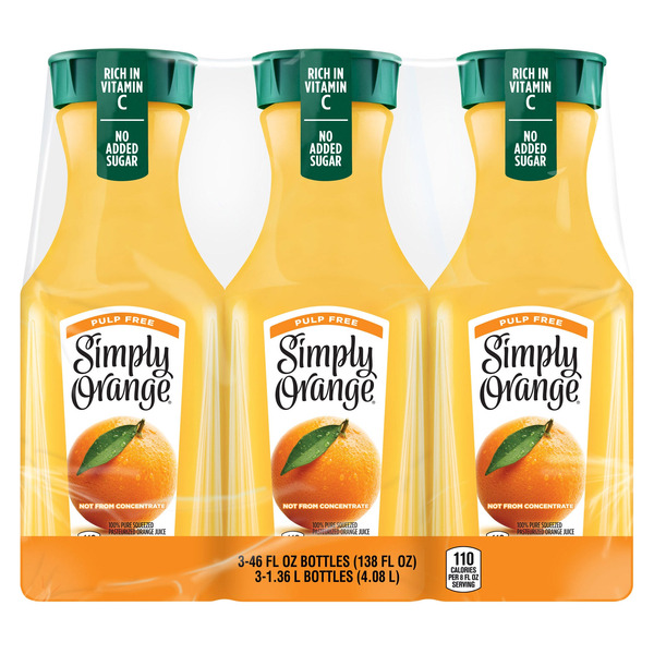 Simply Orange Pulp Free Orange Juice, 46 fl OZ, 3-count