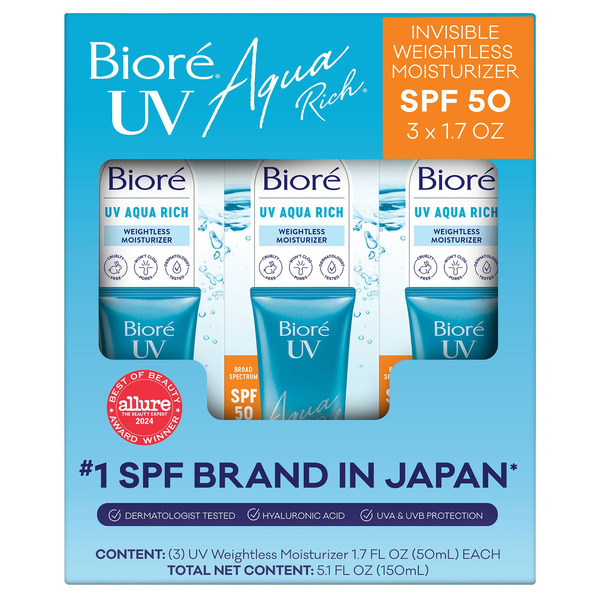 Biore UV Aqua Rich Weightless Moisturizer SPF 50, 1.7 fl OZ, 3-pack