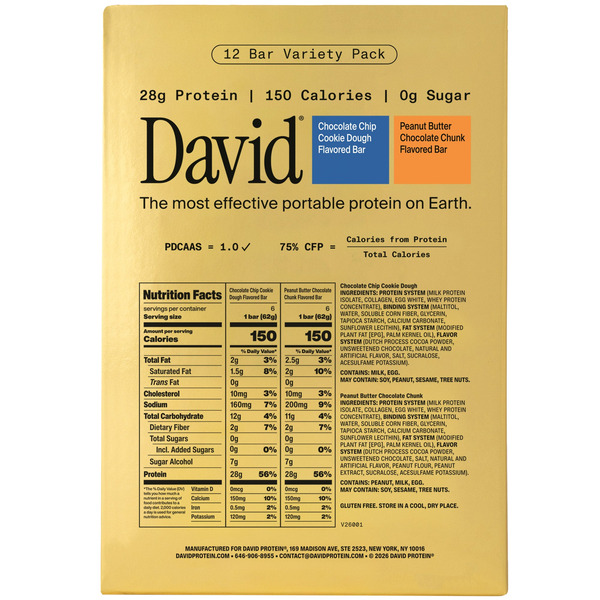 David Protein Bar Variety Pack, 2.19 OZ, 12-count