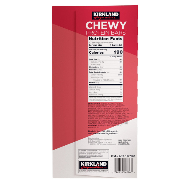 Kirkland Signature Chewy Protein Bar, Peanut Butter & Semisweet Chocolate Chip, 1.41 OZ, 42-Count