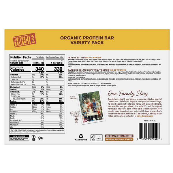 Perfect Bar Refrigerated Organic Protein Bar, Variety, 12-count