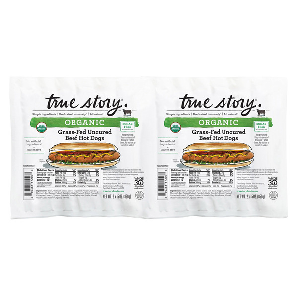 True Story Organic Grass-Fed Beef Uncured Hot Dogs, 15 OZ, 2 Count