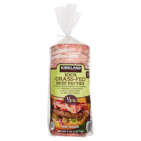 Kirkland Signature Grass-Fed Beef Patties, 1/3 LB Patty, 15-count