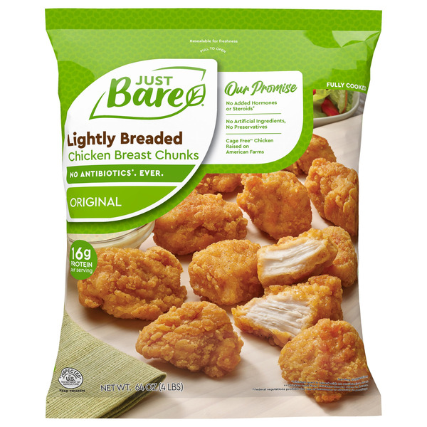 Just Bare Lightly Breaded Chicken Breast Chunks, Boneless Skinless, 4 lbs