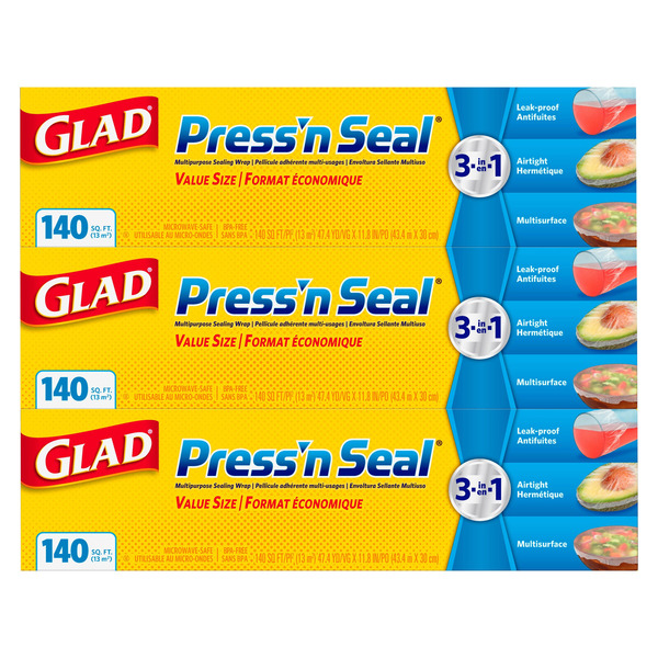 Glad Press'n Seal Multipurpose Sealing Wrap, 140 sq ft, 3-count