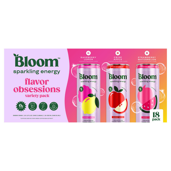 Bloom Sparkling Energy Drink, Flavor Obsessions, Variety Pack, 12 fl OZ, 18-count