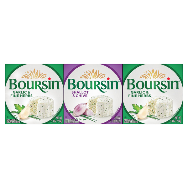 Boursin Garlic & Fine Herbs + Shallot & Chive, Gourmet Cheese, 5.3 OZ, 3-count
