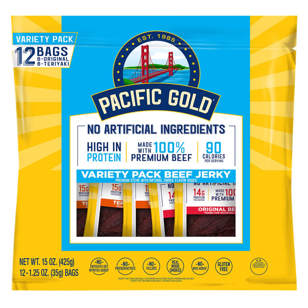 Pacific Gold Beef Jerky, Variety Pack, 15 OZ, 12-count