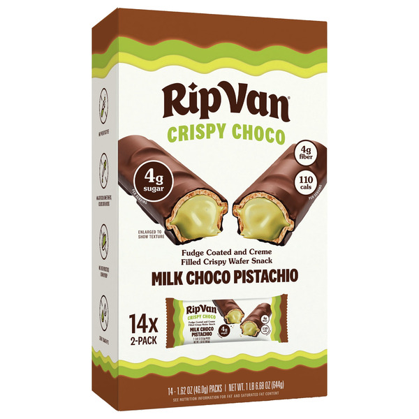 RipVan Crispy Choco Milk Choco Pistachio Wafer Snack, 1.62 OZ, 14-count