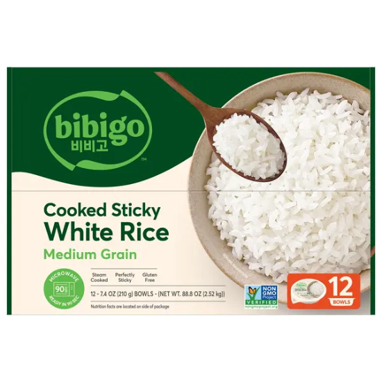 Bibigo, Cooked Sticky White Rice Bowls, Medium Grain, 7.4 OZ, 12-Count