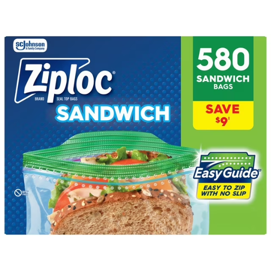 Ziploc Brand Sandwich Bags with EasyGuide Texture, Grip ’n Seal Technology, 580 CT