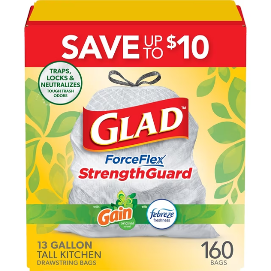 Glad® ForceFlex Tall Kitchen Drawstring Trash Bags, Gain Original scent with Febreze Freshness, 13 Gallon, 160 ct.