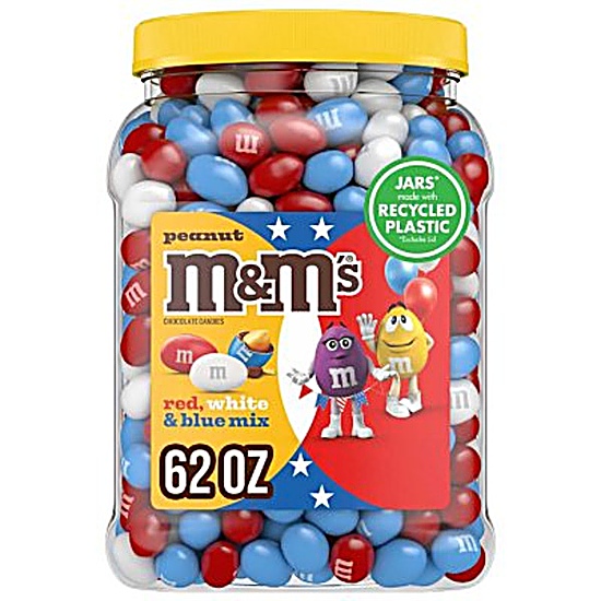 M&M's Peanut Milk Chocolate Red White & Blue America Mix Bulk Candy Jar