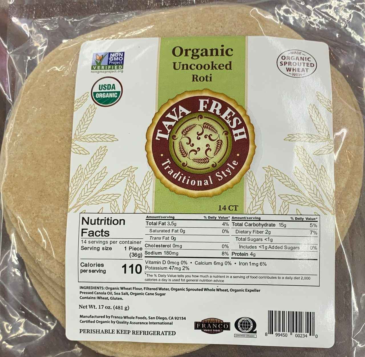 Tava Fresh Organic Roti 14PC