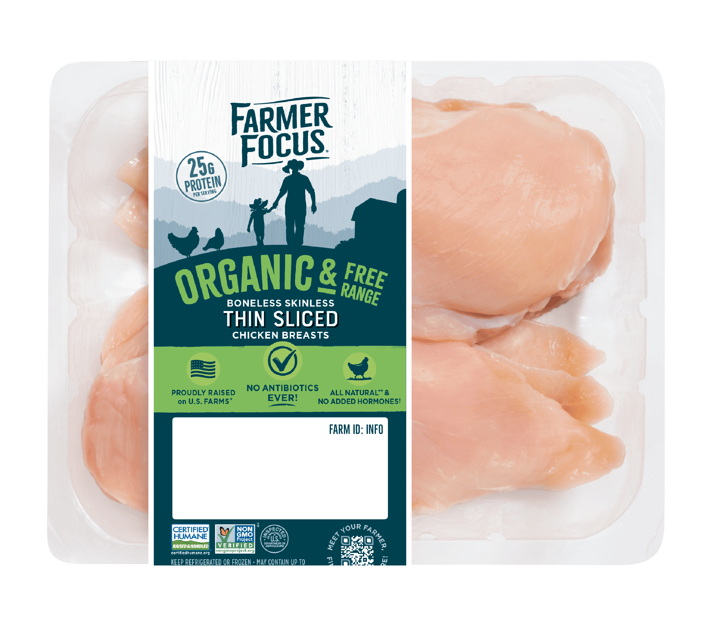 Farmer Focus Organic Free Range Thin Sliced Boneless Skinless Chicken Breast - 2 LB