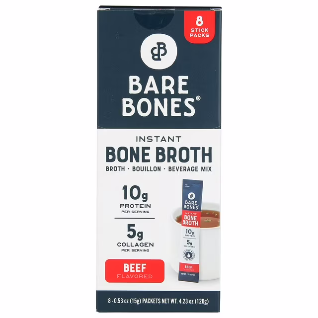 Bare Bones Bone Broth, Instant, Beef Flavored, Stick Packs 0.53 oz 8 Count