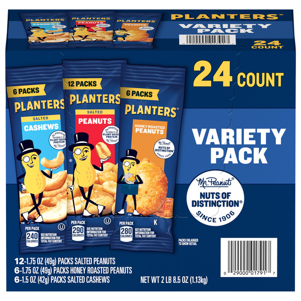 Planters Variety Pack Salted Cashews, Salted Peanuts, Honey Roasted Peanuts 24 ct