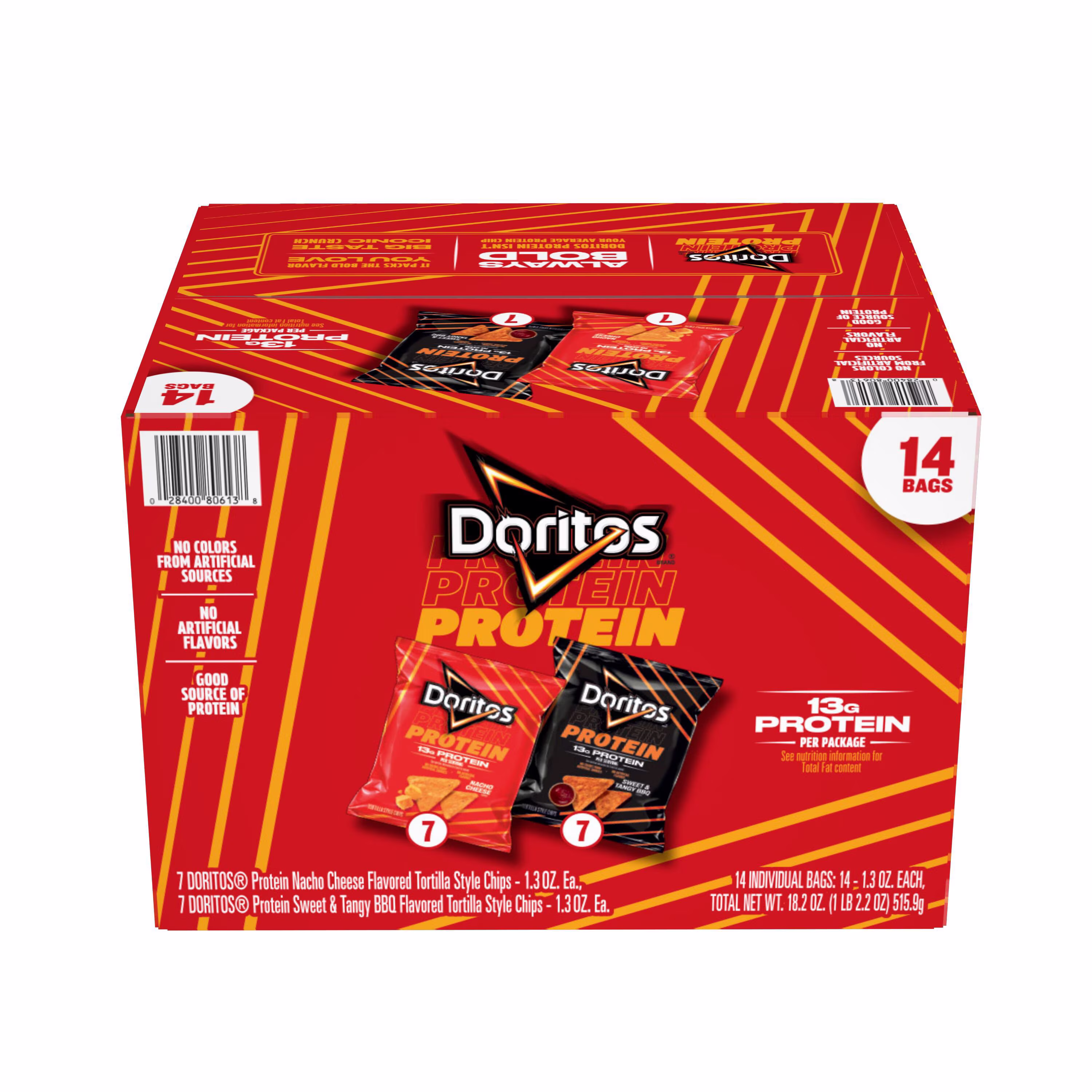 Doritos Protein Nacho Cheese Flavored/Sweet & Tangy BBQ Flavored Tortilla Chips 1.3 oz 14  Count