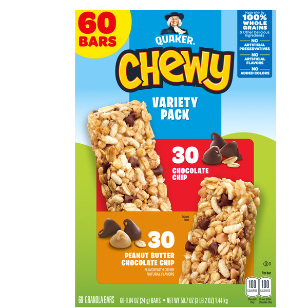 Quaker Granola Bars, Chocolate Chip/Peanut Butter Chocolate Chip, Chewy, Variety Pack 0.84 oz 60  Count