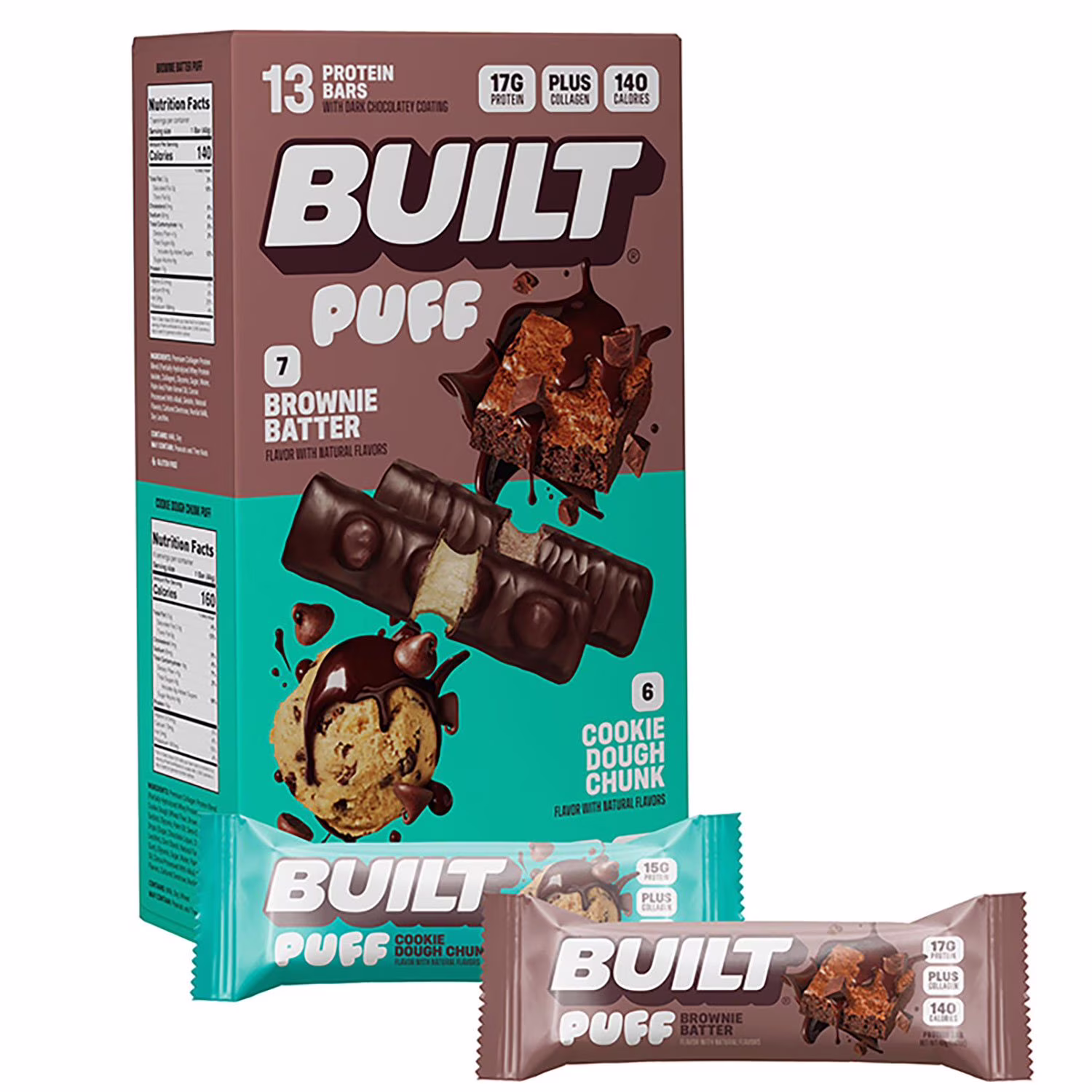 BUILT Puff Protein Bar, Twin Pack of 13 Bars (Cookie Dough Chunk & Brownie Batter) 13 ct