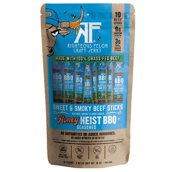 Righteous Felon Honey Heist BBQ, 100% Grass Fed Beef Sticks, High Protein Snack 1 oz 10  Count