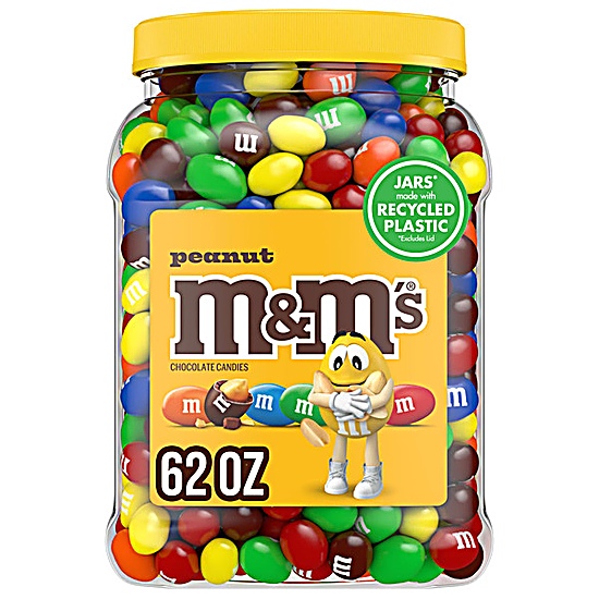 M&M's Peanut Milk Chocolate Candy Bulk Resealable Sustainable Jar 62 oz