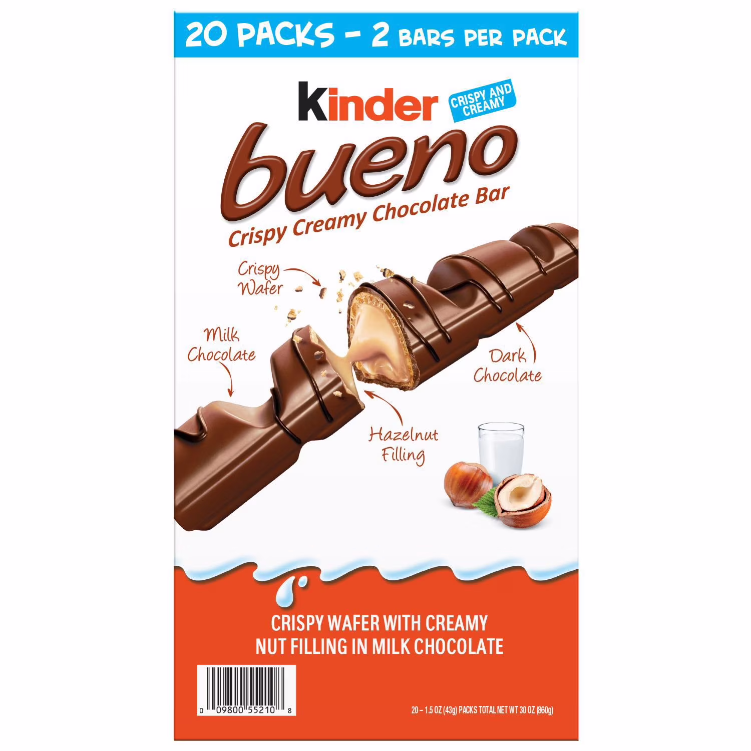 Kinder Bueno Milk Chocolate Bar with Crispy Wafer and Hazelnut Cream, 20 Packs - 2 Bars Per Pack 30 oz