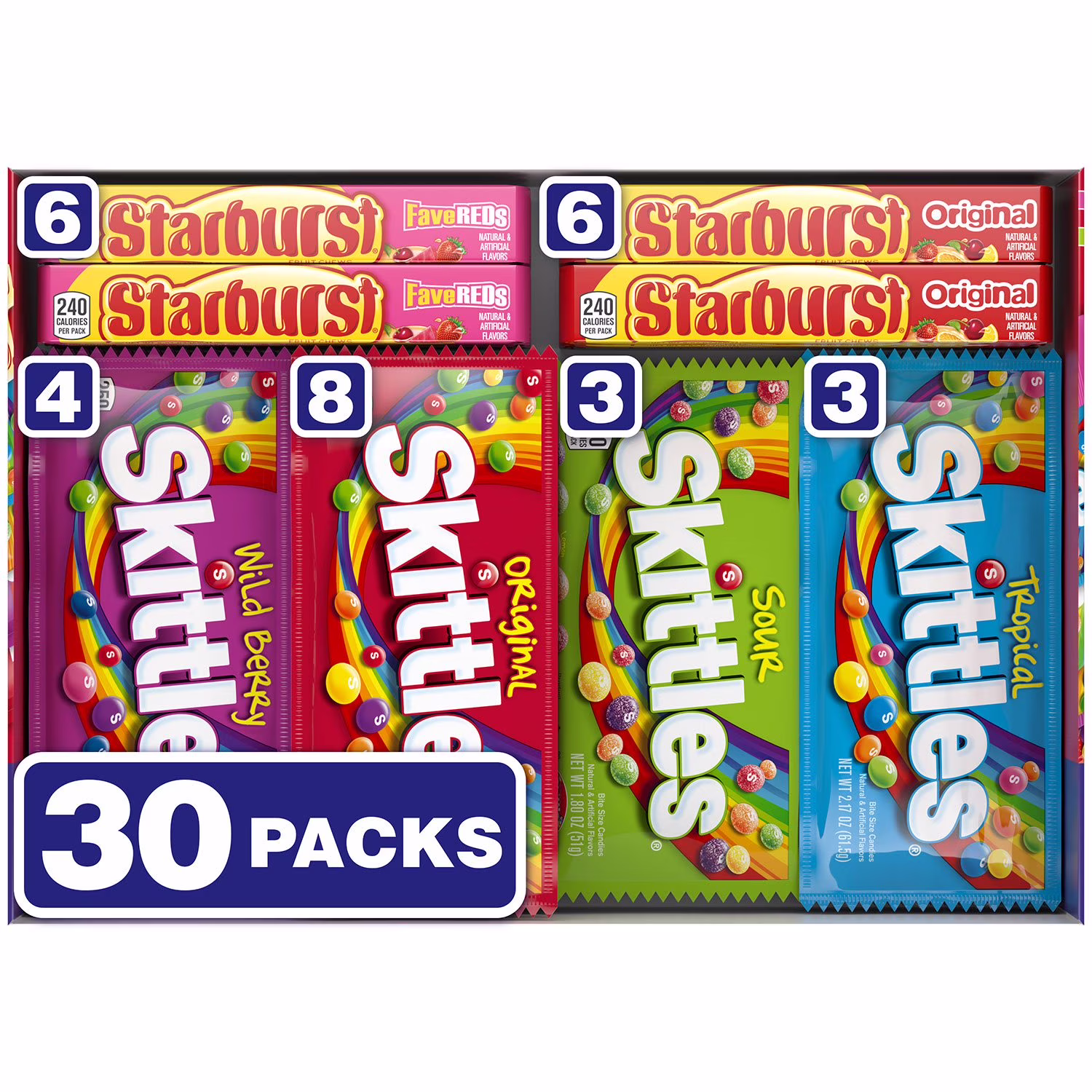 Skittles & Starburst Variety Pack Full Size Chewy Candy Assortment 62.7 oz 30  Count