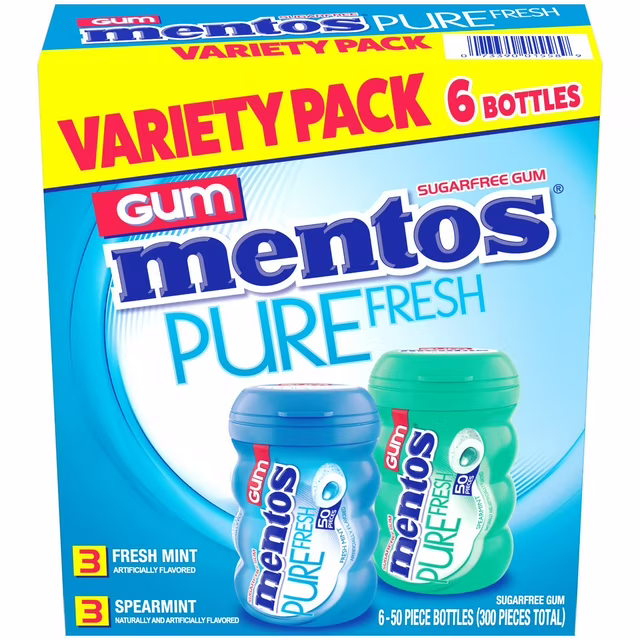 Mentos Pure Fresh Sugar-Free Chewing Gum Variety Bulk Pack, Fresh Mint & Spearmint Flavors 50 ct - 6 Bottles