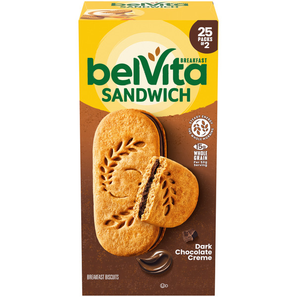 BELVITA Breakfast Bar Biscuit Sandwiches, Dark Chocolate Creme 44 oz 25 ct