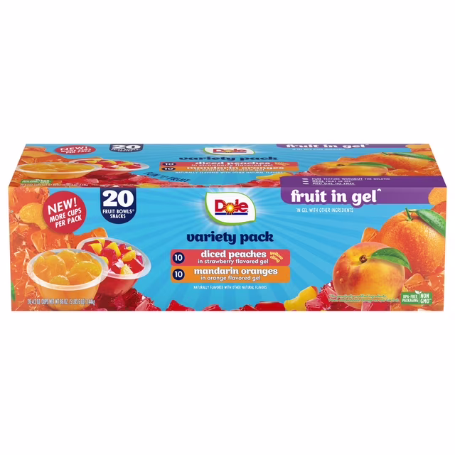Dole Diced Peaches/Mandarin Oranges Fruit in Gel Variety Pack 4.3 oz 20  Count