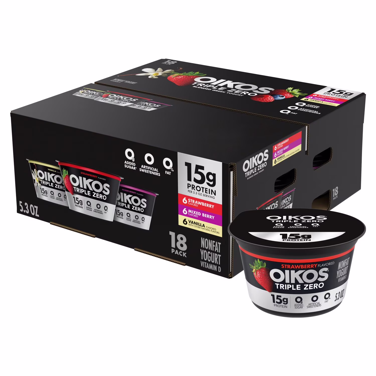 Oikos Triple Zero Greek Nonfat Yogurt, Strawberry, Mixed Berry & Vanilla, 5.3 oz., 18 Pack