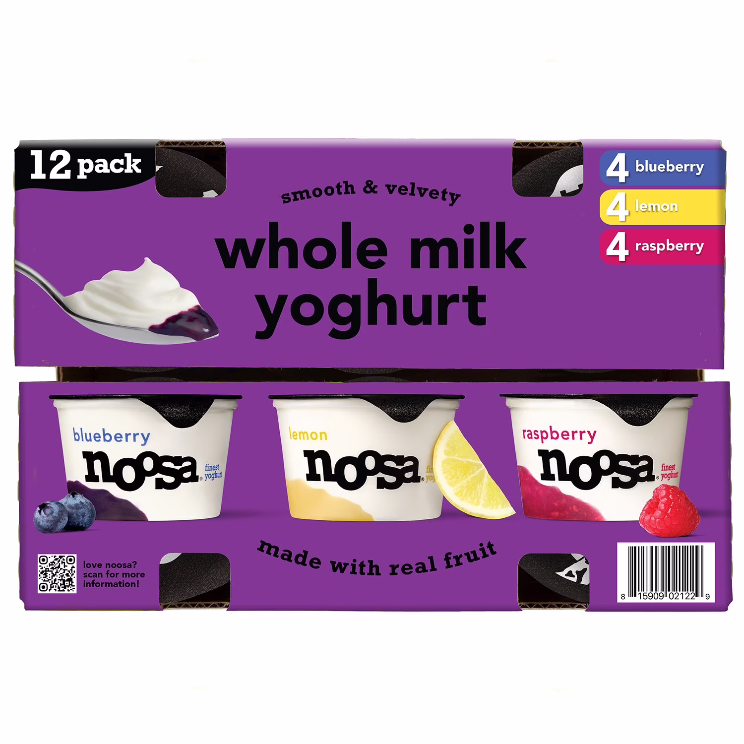 Noosa Whole Milk Blueberry/Lemon/Raspberry Yoghurt 113 g 12  Count