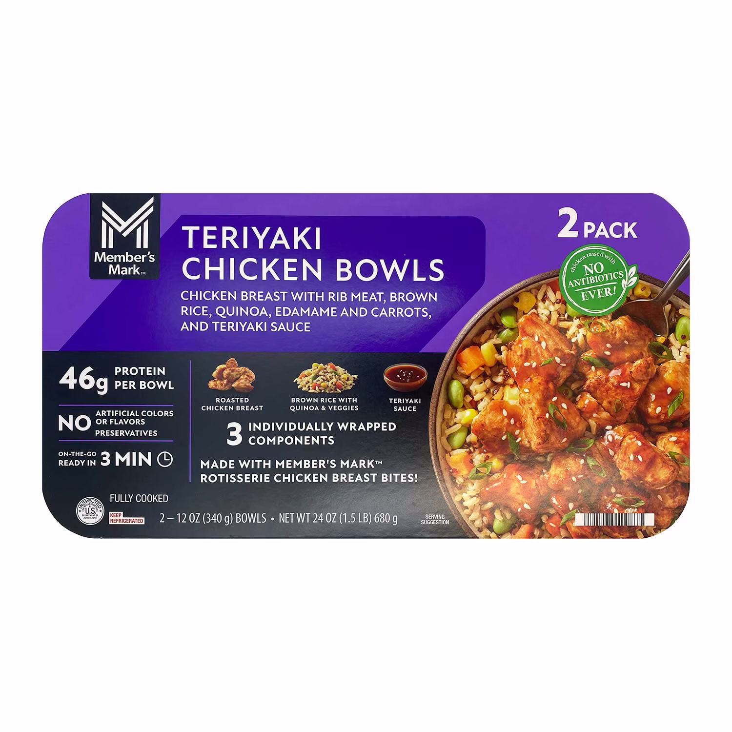 Member’s Mark Teriyaki Chicken Bowls Chicken Breast With Rib Meat Brown Rice Quinoa Edamame And Carrots And Teriyaki Sauce 12 oz 2  Count