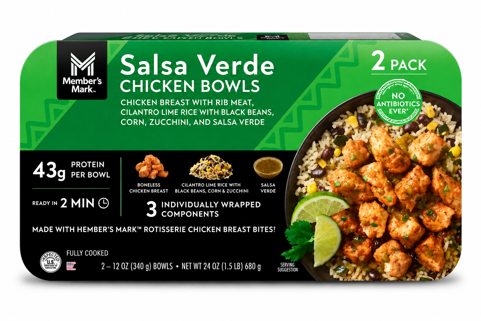 Member’s Mark Salsa Verde Chicken Breast With Rib Meat Cilantro Lime Rice With Black Beans Corn Zucchini And Salsa Verde Chicken Bowls 12 oz • 2 x 12 oz