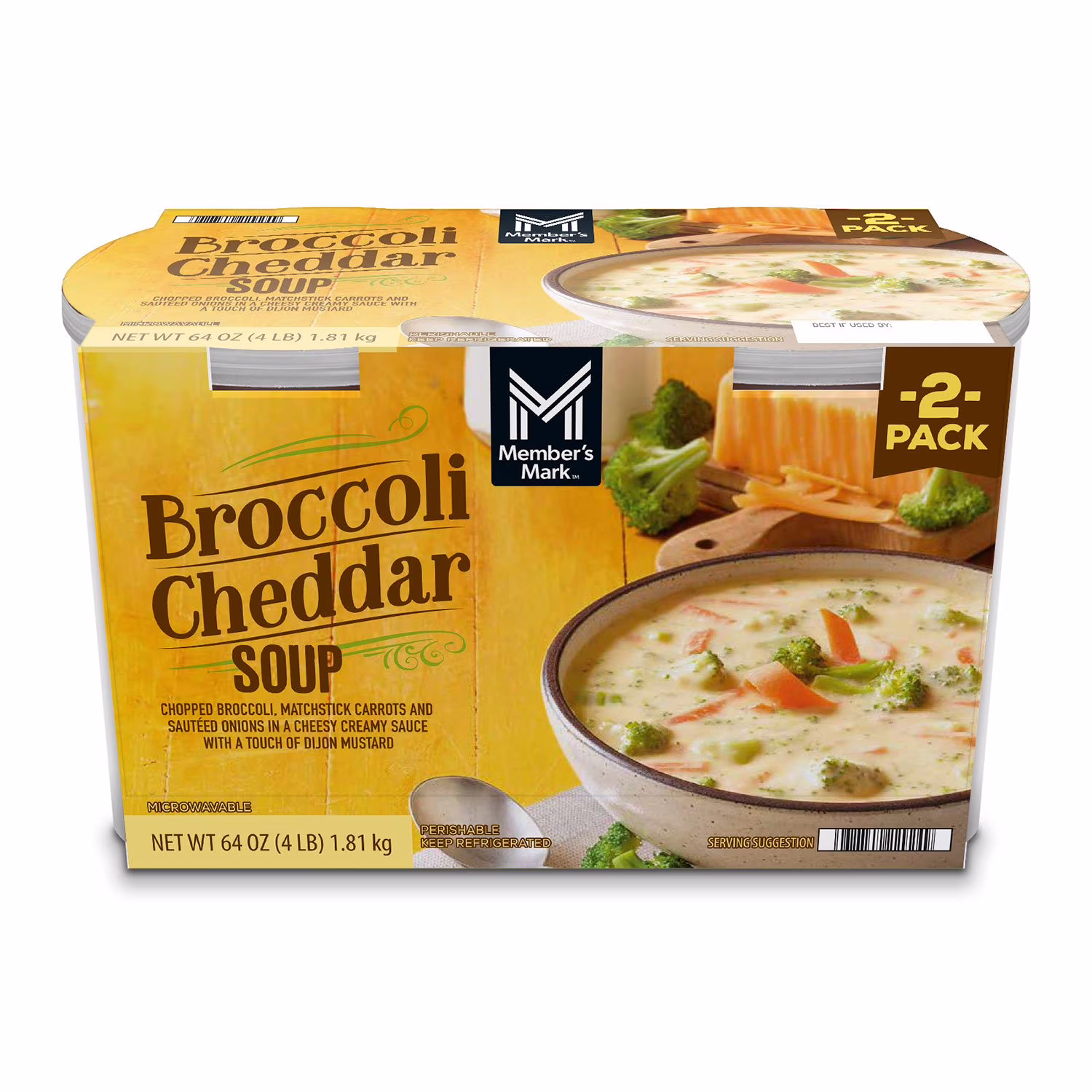 Member’s Mark Broccoli Cheddar Chopped Broccoli Matchstick Carrots And Sauteed Onions In A Cheesy Creamy Sauce With A Touch Of Dijon Mustard Soup 32 oz 2  Count