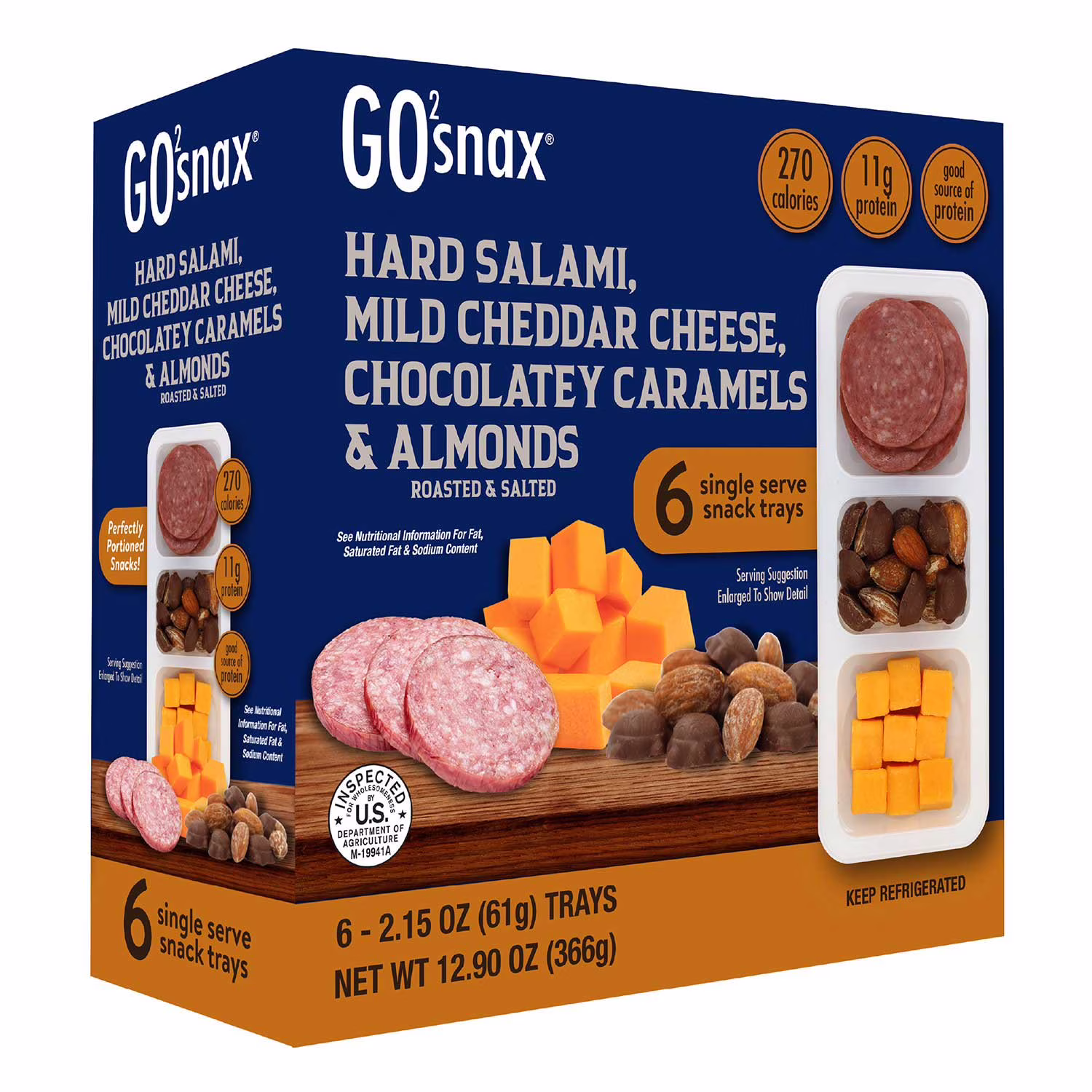 Go²snax Roasted & Salted Hard Salami Mild Cheddar Cheese Chocolatey Caramels & Almonds 2.15 oz 6  Count